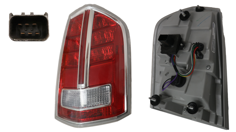 Chrysler 300C Tail Light, Right Side. Displaying the front and back sides with an image of the plug as well.